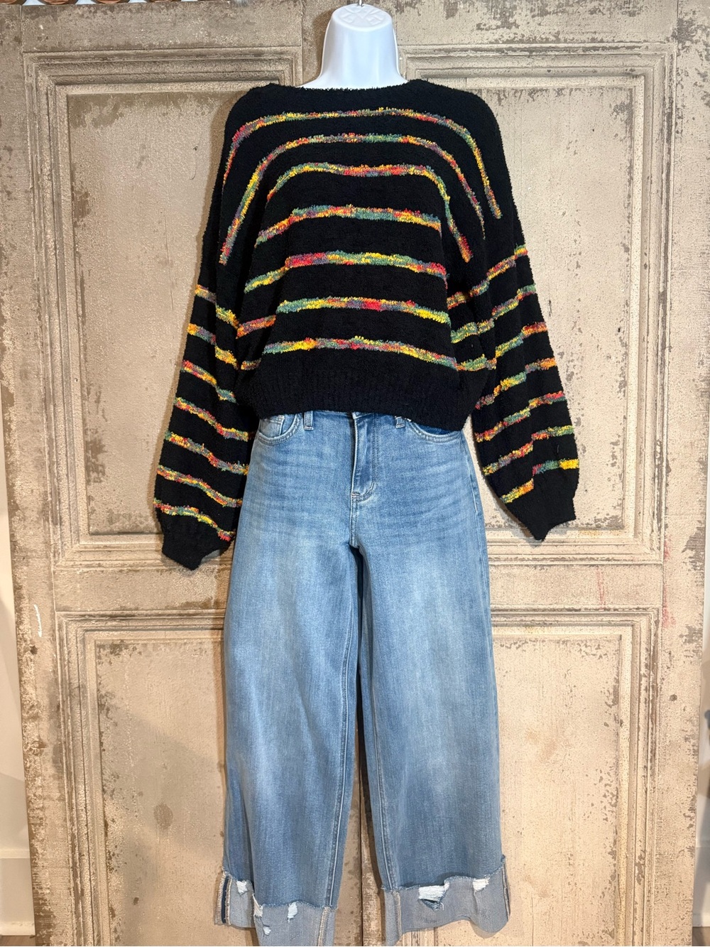POL Black Fuzzy Sweater with Rainbow Stripe Trim